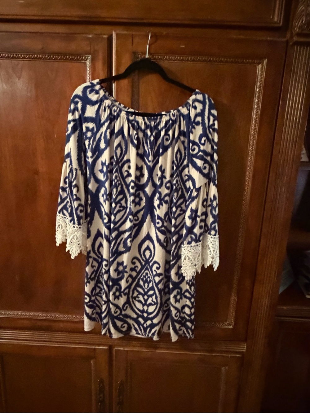Yahada Navy and White Boho Off-Shoulder Dress